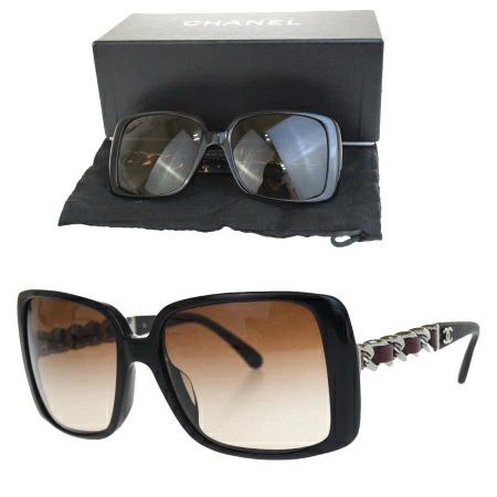【中古】 シャネル CHANEL サングラス ココマーク ブラック シルバー パープル ブラウン プラスチック メタル レザー 5208-Q-A 04ES964
