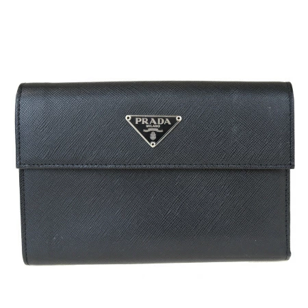 送料無料 【中古】 美品 プラダ PRADA 三つ折り 財布 サフィアーノ ブラック レザー 68AC157