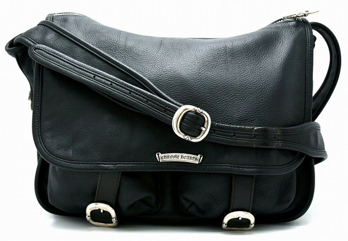 【バッグ】CHROME HEARTS クロム ハーツ クロムハーツ デストロイ レザー ショルダーバッグ メッセンジャーバッグ 斜め掛け シルバー SV 黒 ブラック 【中古】【s】