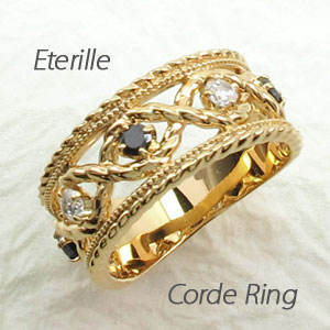 【10%OFF】ブラックダイヤモンド リング 指輪 レディース アンティーク ミル打ち 透かし k18 18k 18金 ゴールド なわ 縄網様 ゴージャス 0.3カラット