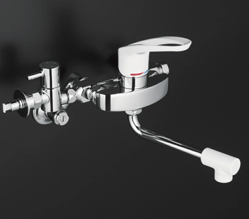 【ＫＭ５０００ＨＴＵ】シングルレバー式混合栓 分岐止水栓付 とめるゾウ付 左右給湯分岐ソケット