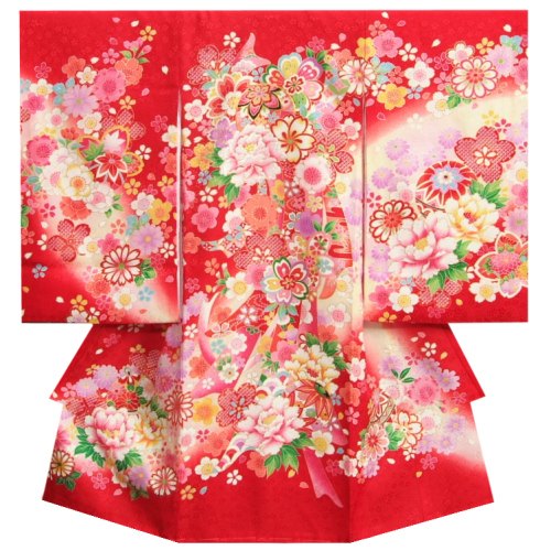 お宮参り 着物 女の子 正絹初着 赤 桜 まり 刺繍牡丹 金刺繍使い 地紋生地
