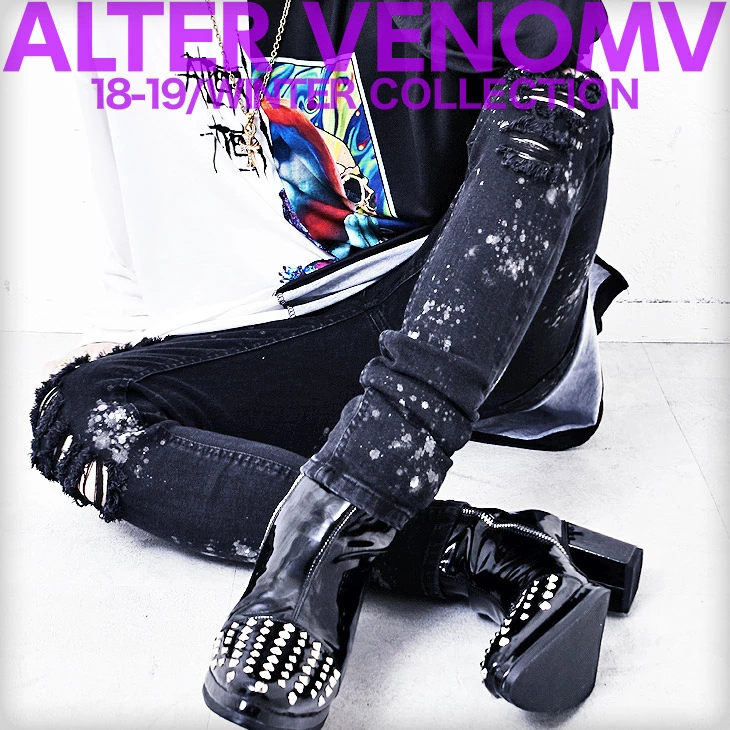 V系 パンツ メンズ V系 スキニーパンツ ブラック ペンキ ヴィジュアル系 パンツ ブラック 黒 ビジュアル系 パンツ メンズ 服 ブランド スキニー ブリーチ ペンキ パンツ ペンキ柄 ダメージスキニー パンク ロックファッション パンツ レディース ALTERVENOMV オルターベノム