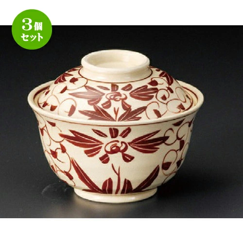 3個セット☆ 円菓子 ☆ 仁清赤花反小蓋向 [ 102 x 80mm ] 【料亭 旅館 和食器 飲食店 業務用 】